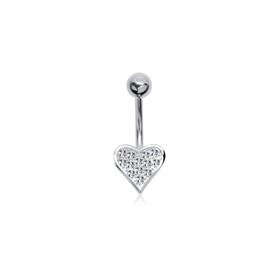 Silver CZ Studded Heart Belly Bar