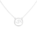 Silver delicate link necklace with a circular hollow wave pendant on a white background