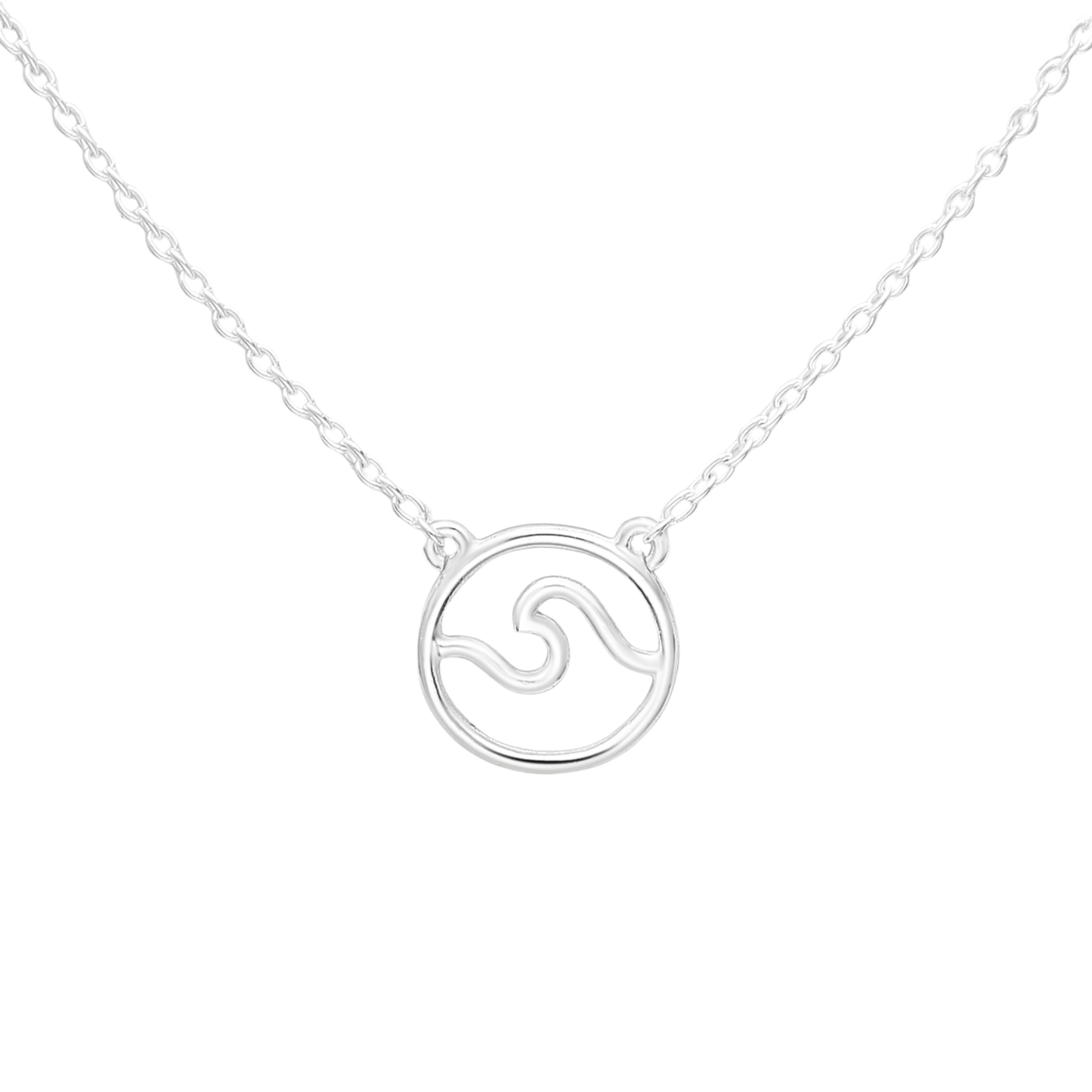Silver delicate link necklace with a circular hollow wave pendant on a white background