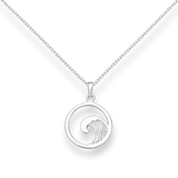 Silver necklace with a wave inside hollow circle pendant on a white background