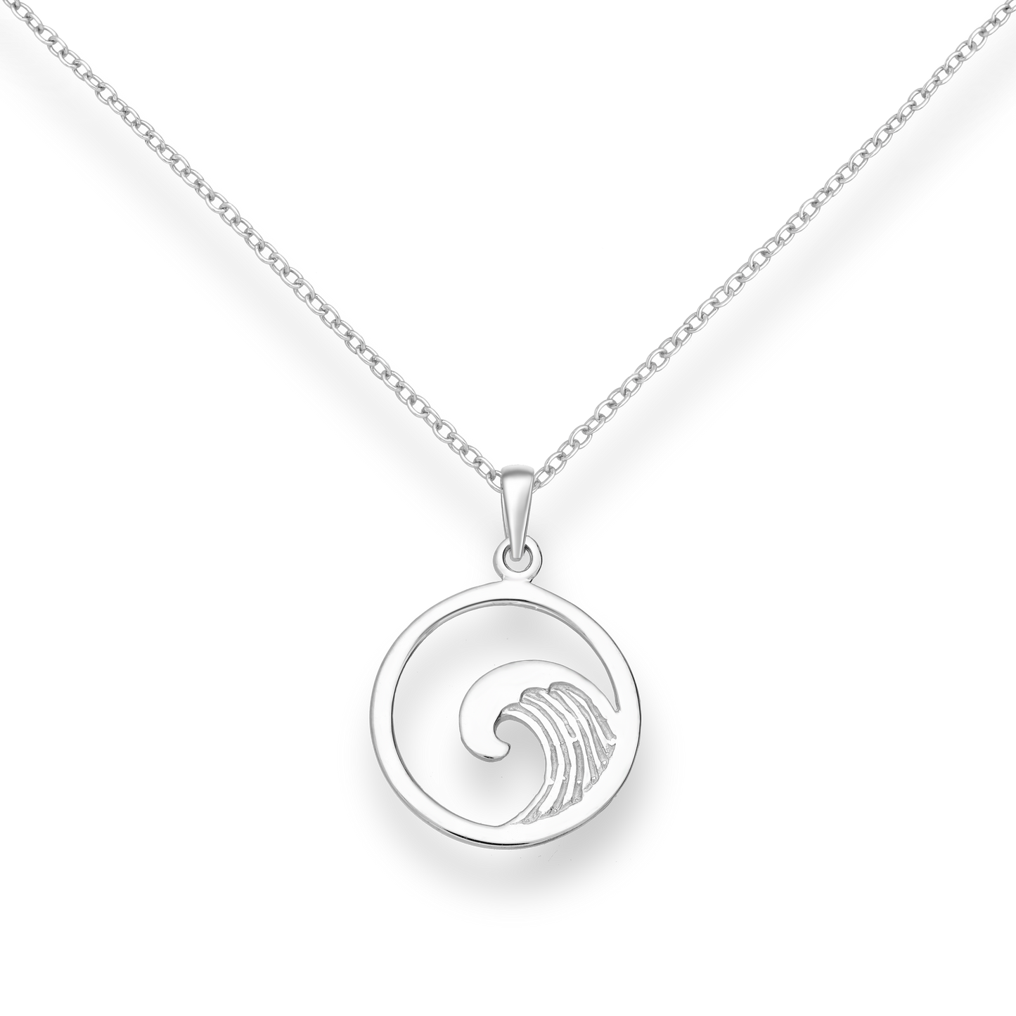 Silver necklace with a wave inside hollow circle pendant on a white background