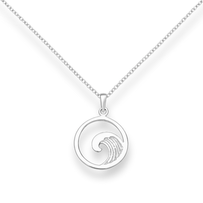 Silver necklace with a wave inside hollow circle pendant on a white background