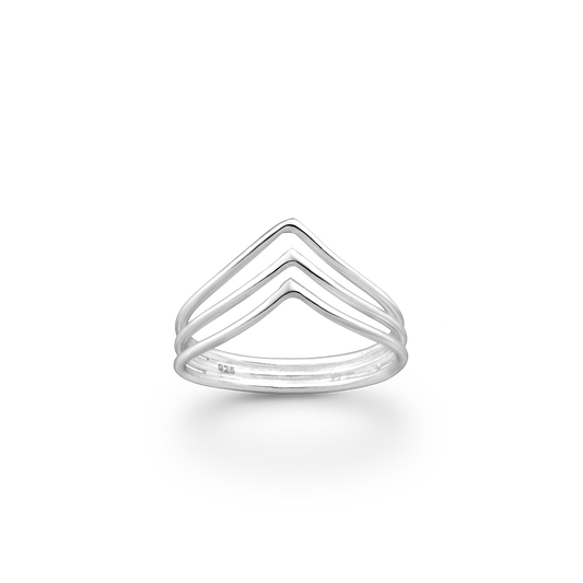 three layer chevron sterling silver ring on white background