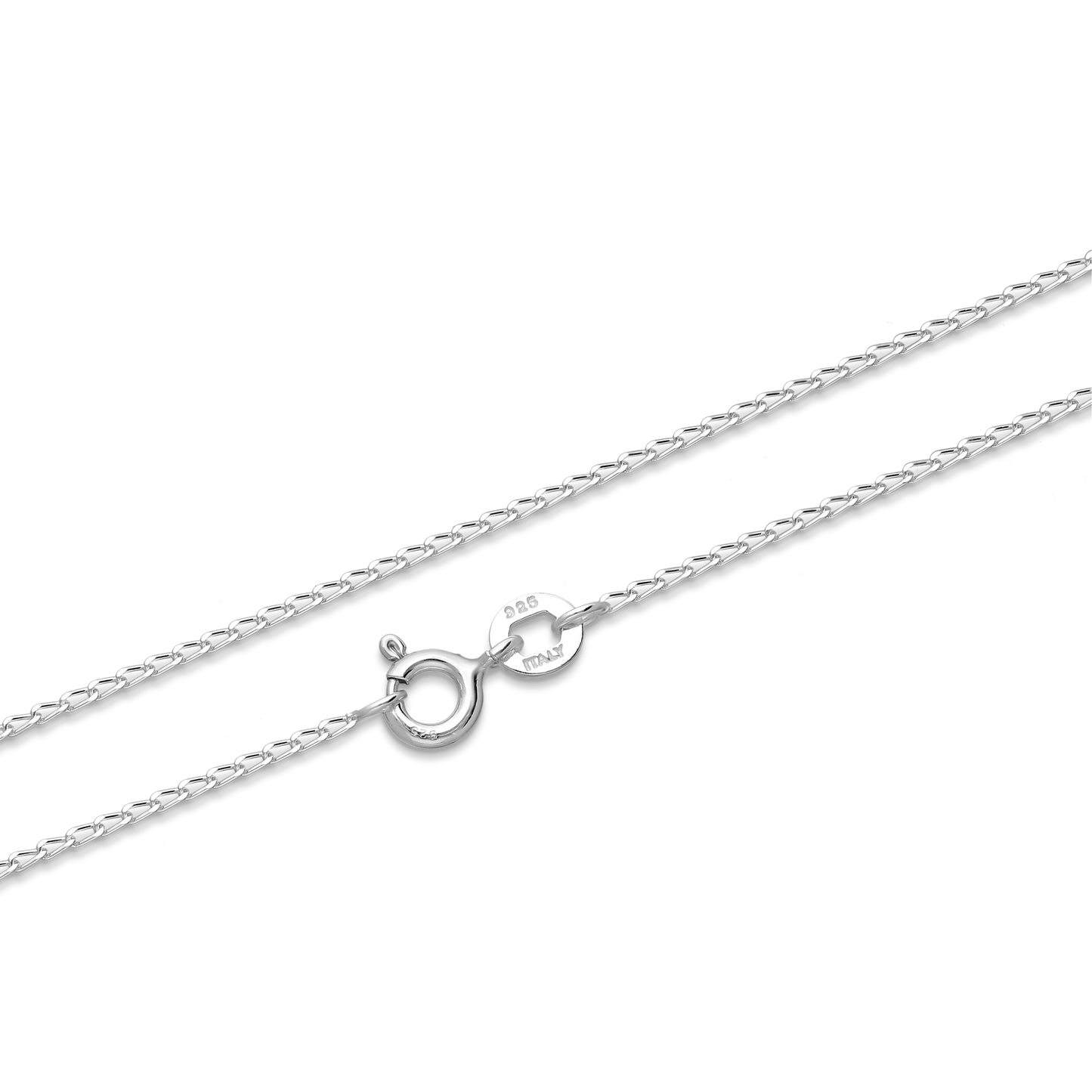 Silver curb link fine chain necklace with a clasp on a white background