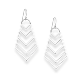 Pair of silver earrings with geometric chevron design on a white background
