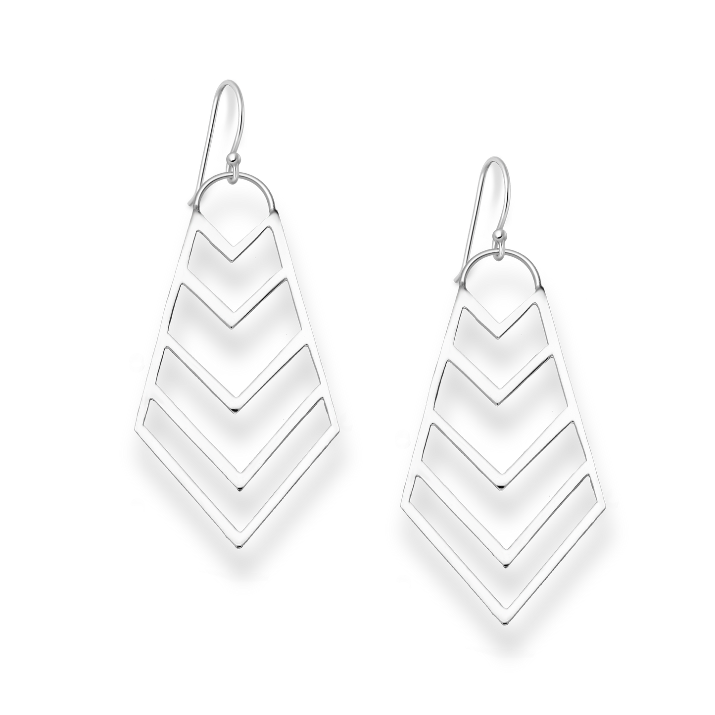 Pair of silver earrings with geometric chevron design on a white background