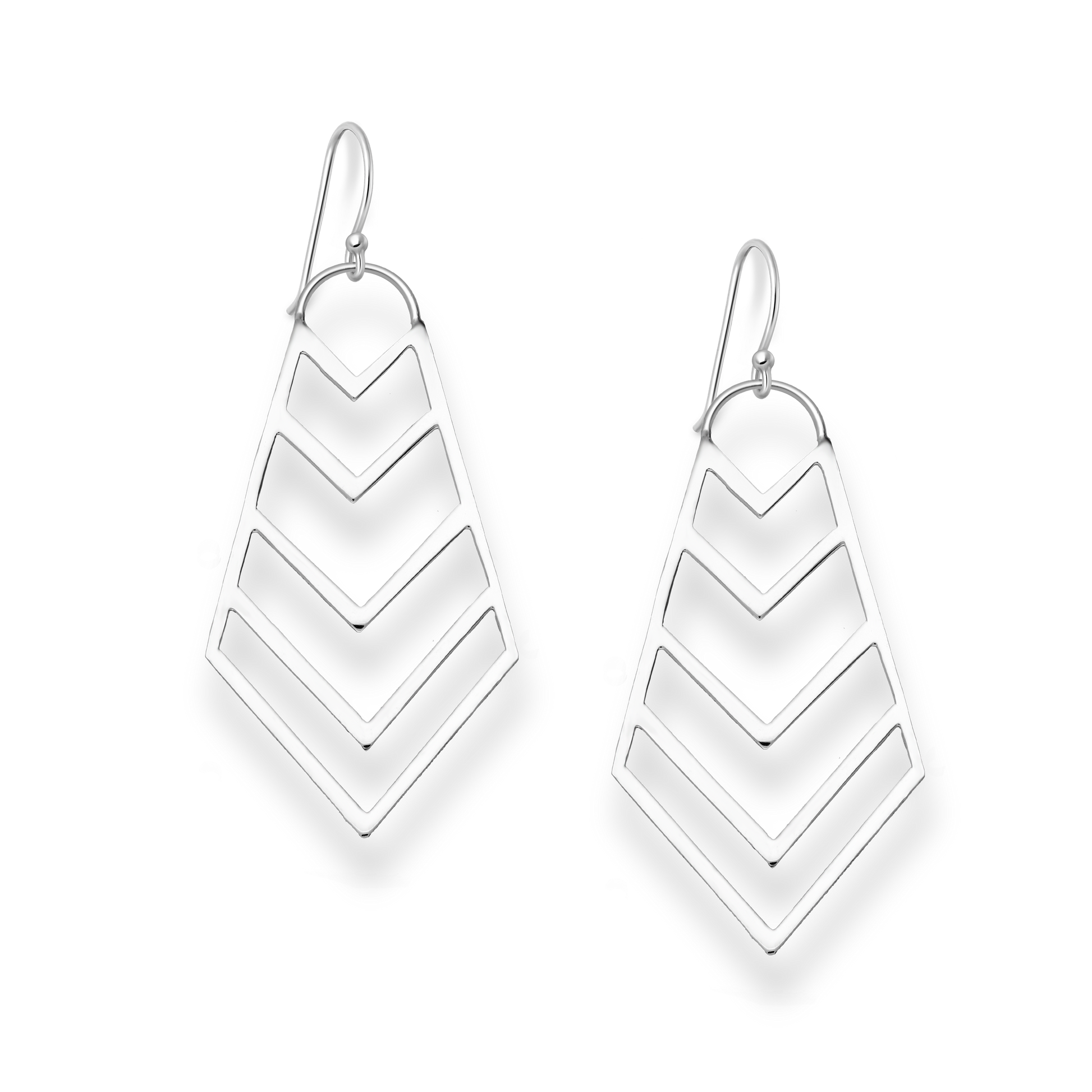 Pair of silver earrings with geometric chevron design on a white background