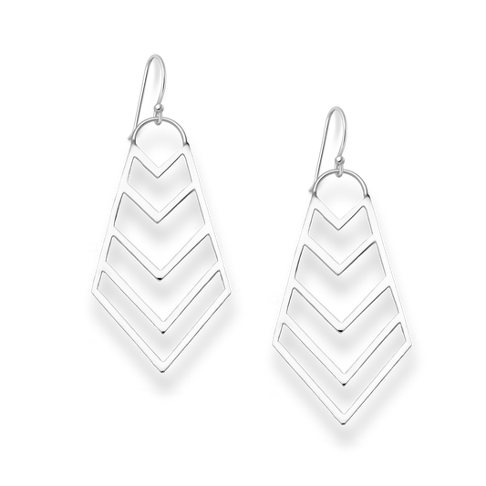 Pair of silver earrings with geometric chevron design on a white background