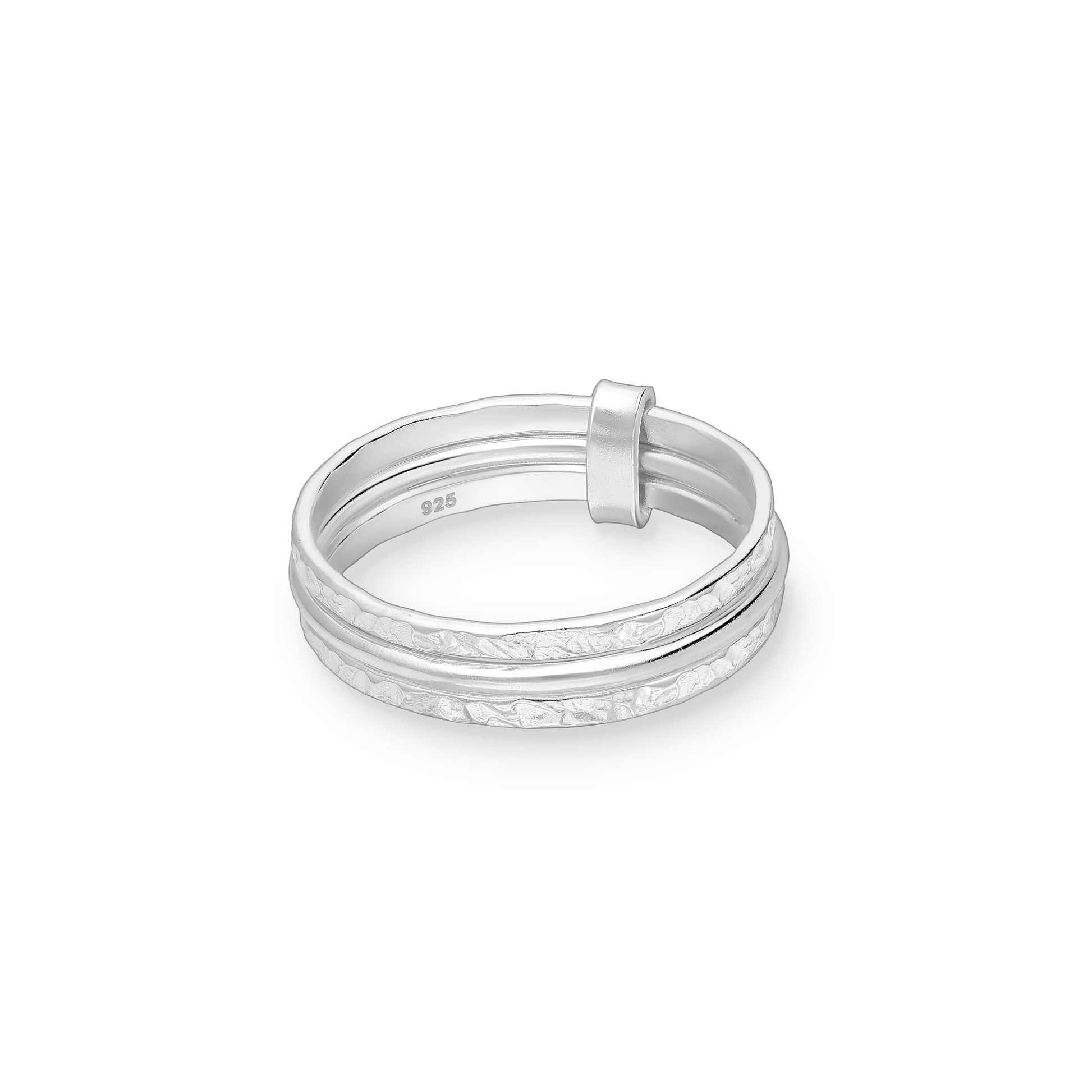 Set of three sterling silver rings with hammered texture on white background