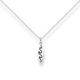 Silver necklace with a wave and surfboard-shaped pendant on a white background