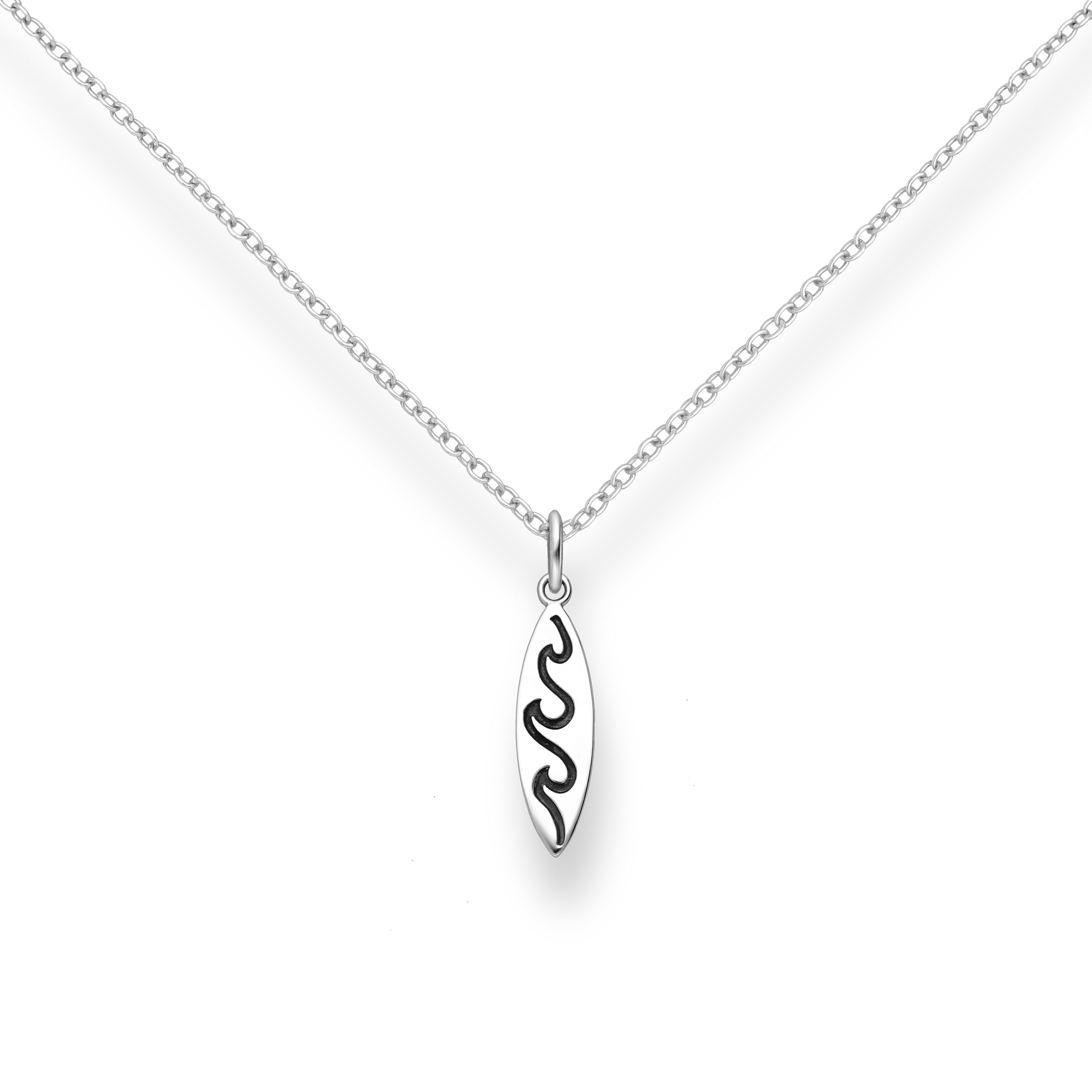 Silver necklace with a wave and surfboard-shaped pendant on a white background