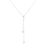 Silver Y-drop necklace with star-shaped pendants on a white background