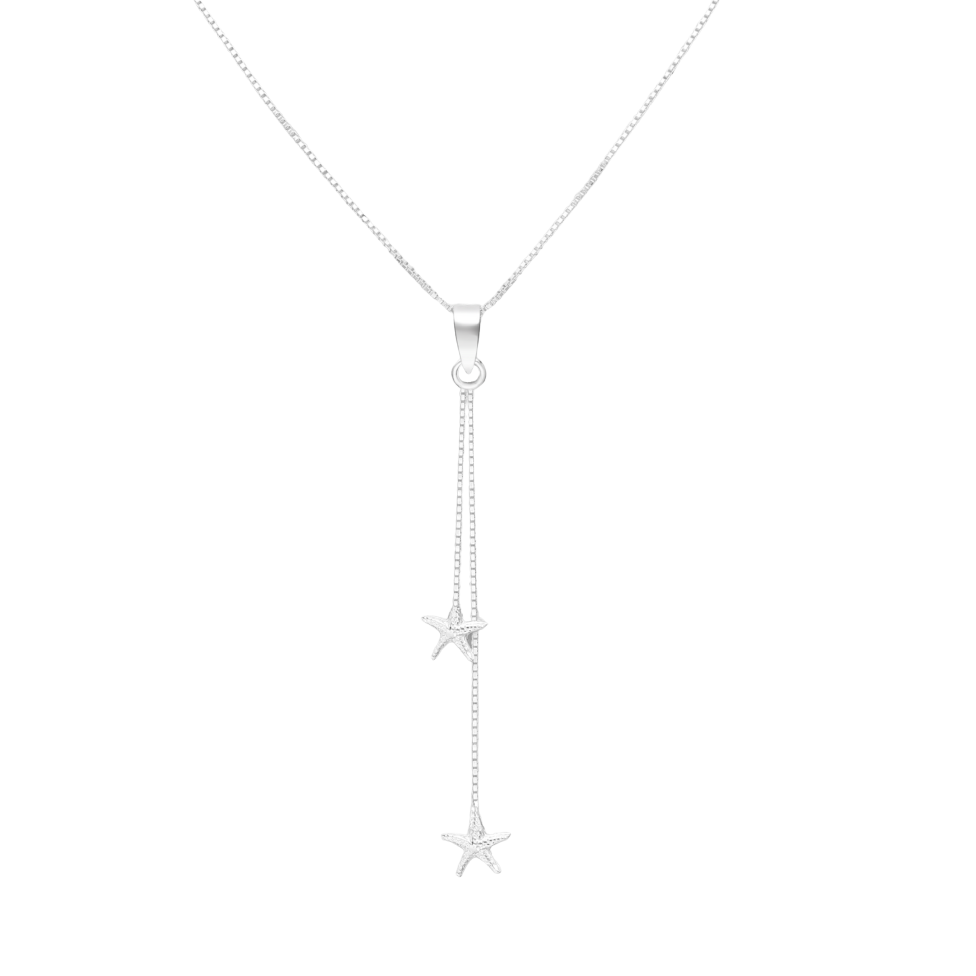 Silver Y-drop necklace with star-shaped pendants on a white background