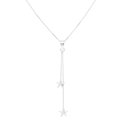 Silver Y-drop necklace with star-shaped pendants on a white background