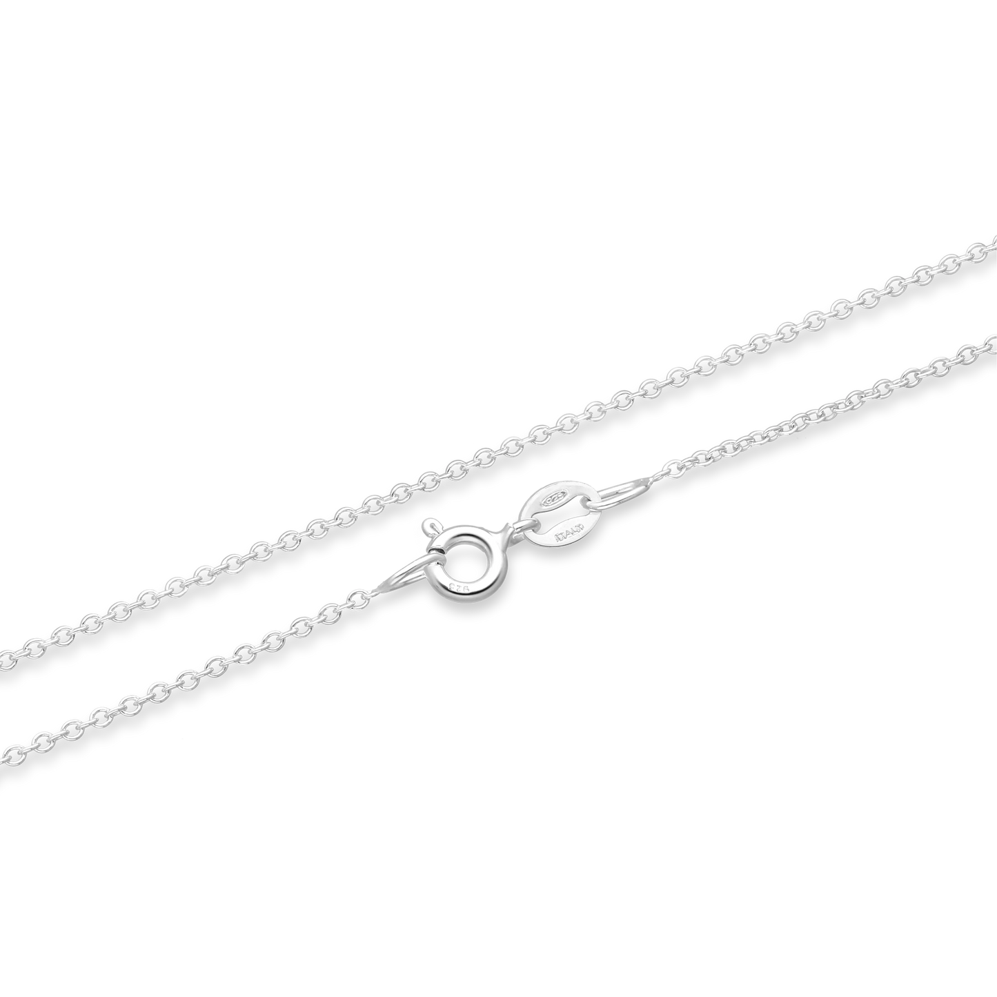 Silver fine rollo link chain necklace on a white background