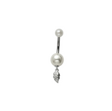 Silver Leaf & Pearl Belly Bar Body Piercings Glint Silver Co