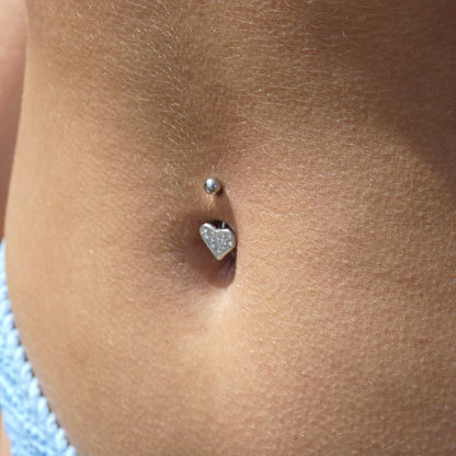 Silver CZ Studded Heart Belly Bar