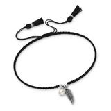 Black macrame bracelet with silver feather and pearl accents