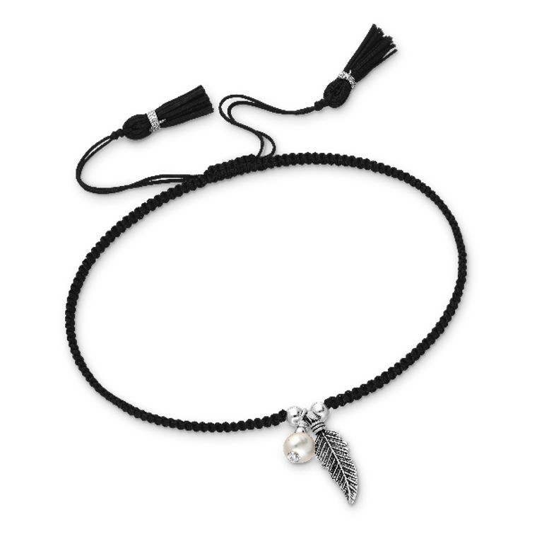 Black macrame bracelet with silver feather and pearl accents