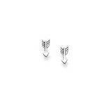 A pair of silver arrow-shaped stud earrings on a white background.
